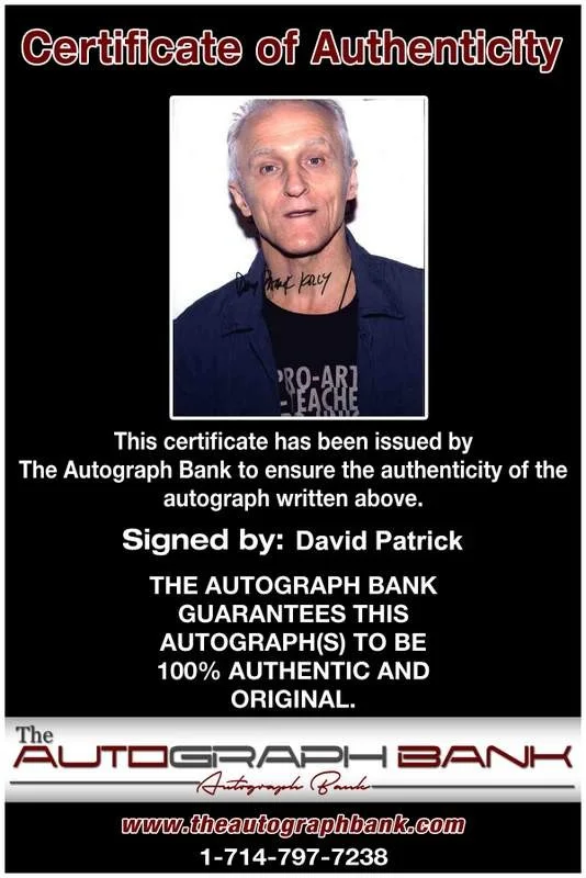 David Patrick — David Patrick signed celebrity 8x10 photo W/Cert Autograph 0110, image 2
