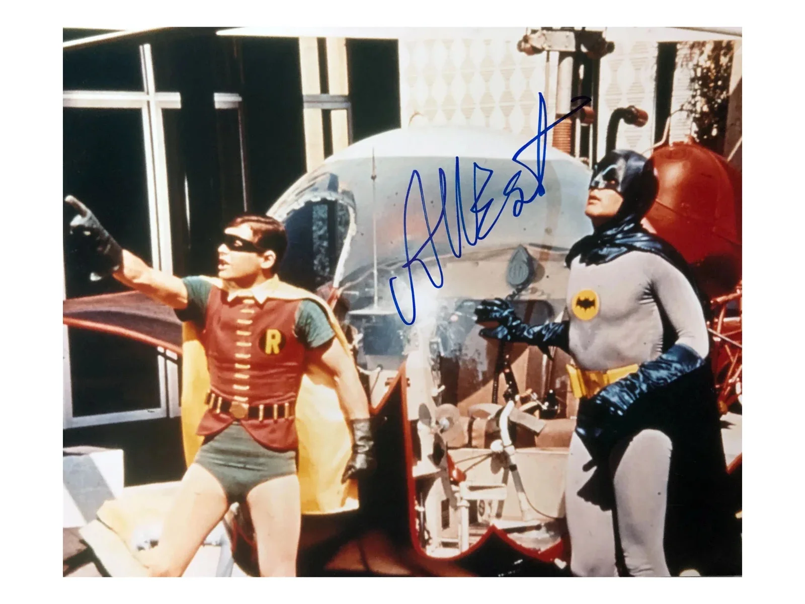BATMAN CAST — 1966 BATMAN TV SHOW BATCOPTER 8.5X11 SIGNED PHOTO ADAM WEST BURT WARD AUTOGRAPH