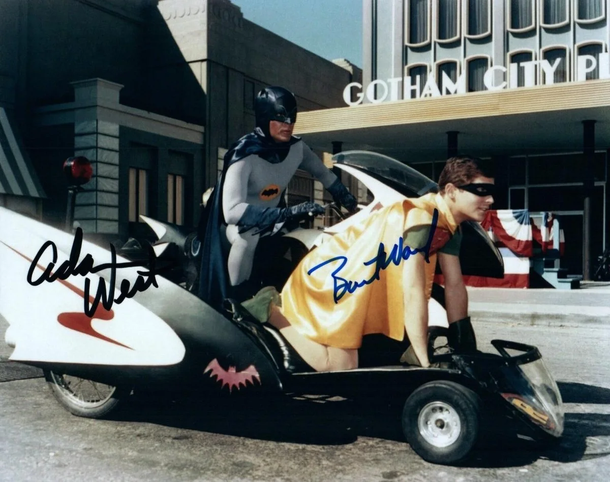 BATMAN CAST — 1966 BATMAN TV SHOW BATCYCLE 8.5X11 SIGNED PHOTO ADAM WEST BURT WARD AUTOGRAPH