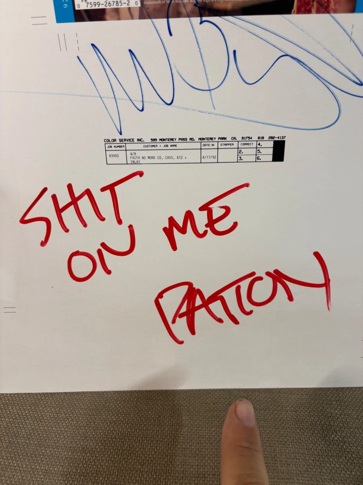 Faith No More Angel Dust Printer Proof For LP CD Artwork Autographed by Band, изображение 4