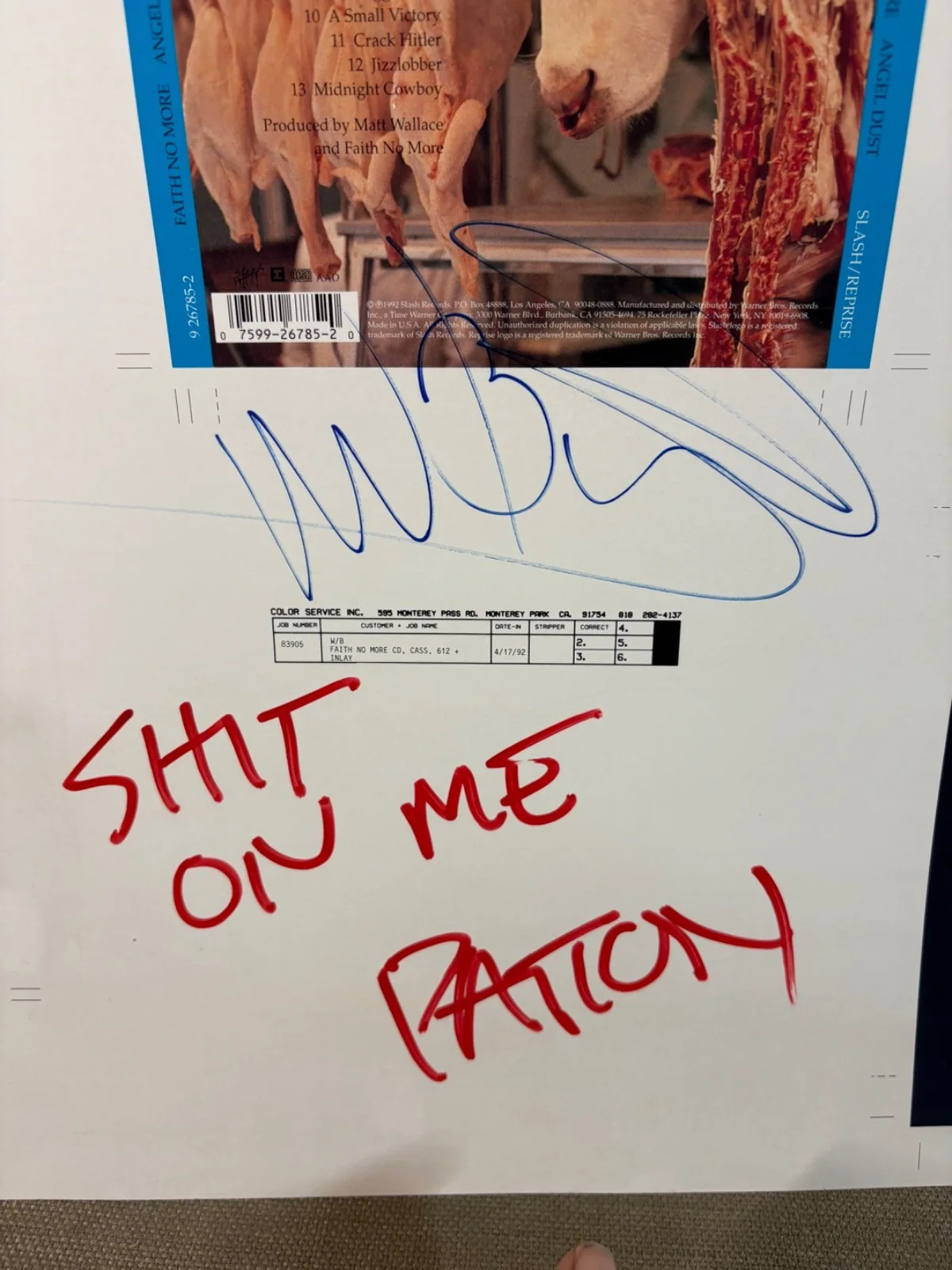 Faith No More Angel Dust Printer Proof For LP CD Artwork Autographed by Band, изображение 5