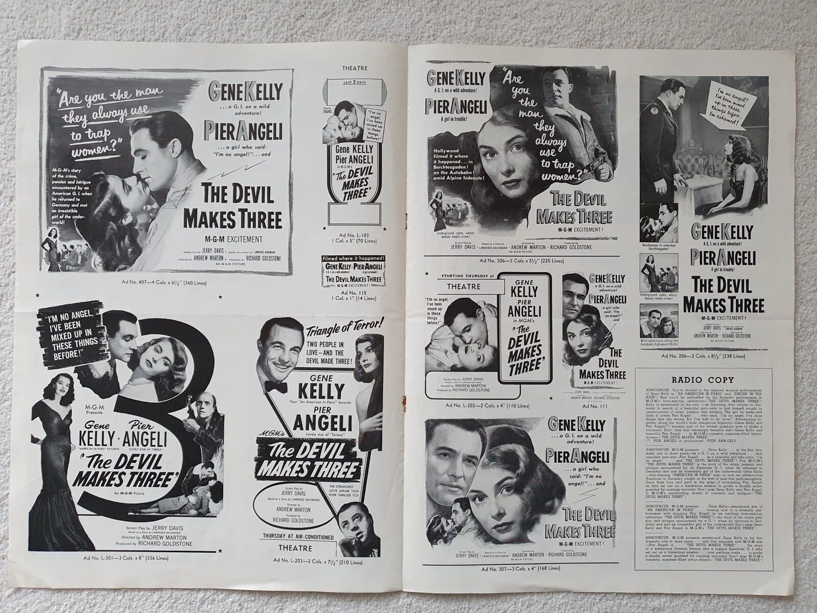 THE DEVIL MAKES THREE - VINTAGE 1952 US MGM PRESSBOOK - PIER ANGELI, GENE KELLY, изображение 2