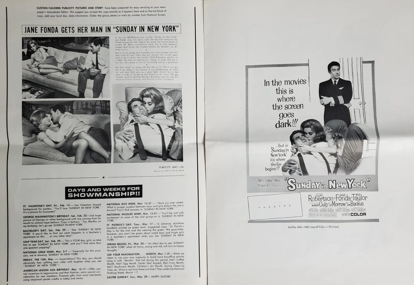 SUNDAY IN NEW YORK - VINTAGE 1963 US PRESSBOOK - JANE FONDA, ROD TAYLOR 16 PAGES, изображение 4