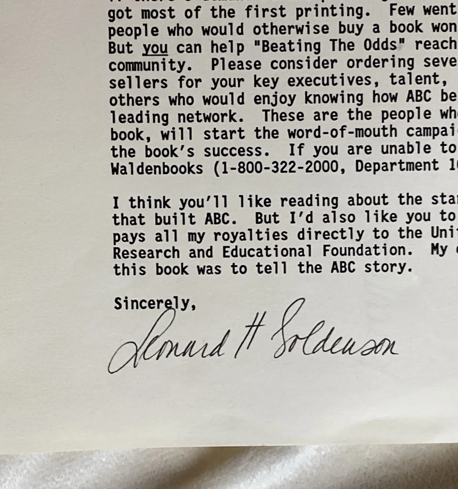 Leonard H. Goldenson — Leonard H. Goldenson HAND SIGNED Letter ABC, Inc. Capital Cities 1991 VINTAGE, изображение 2