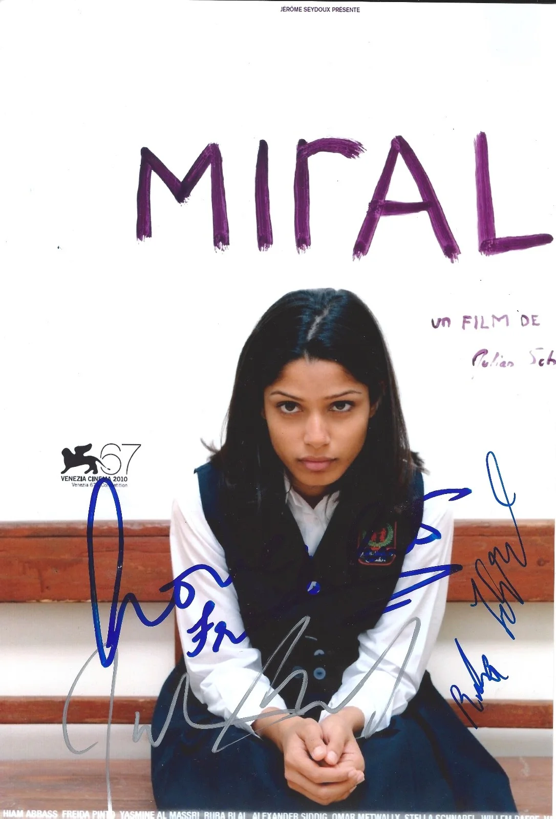 freida pinto — Freida Pinto, Director Julian Schnabel & Rula Jebreal signed Miral 8x12 photo