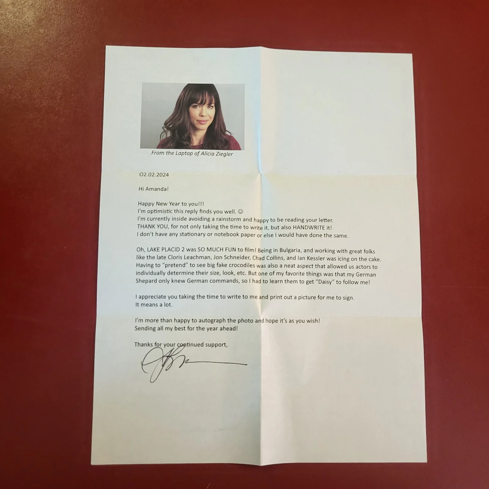 Alicia Ziegler — Alicia Ziegler Lake Placid 2 Hand Signed Letter Autograph