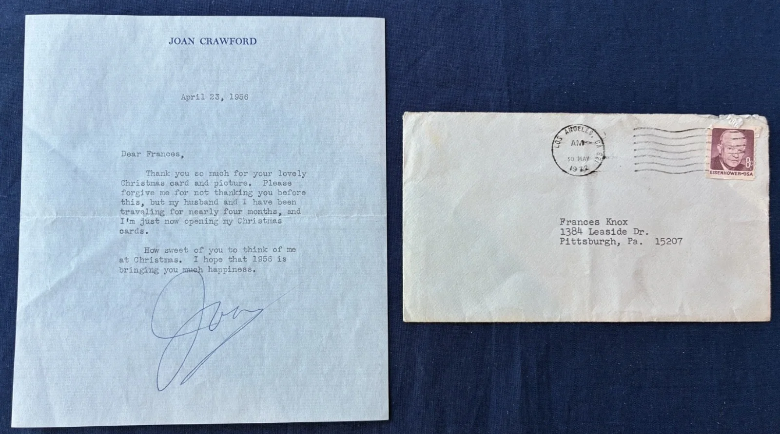 Joan Crawford — 1956 Joan Crawford Signed Typed Letter & Envelope Hollywood Autograph
