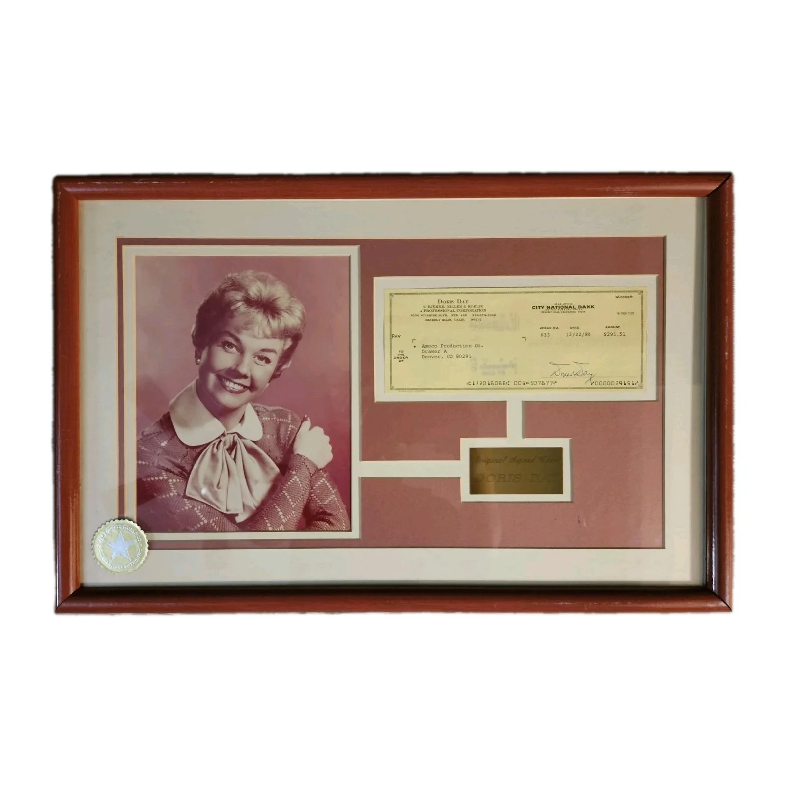 Doris Day — Framed DORIS DAY SIGNED CHECK 12/22/80 W Picture Disney Guarantee AUTHENTICITY, image 2