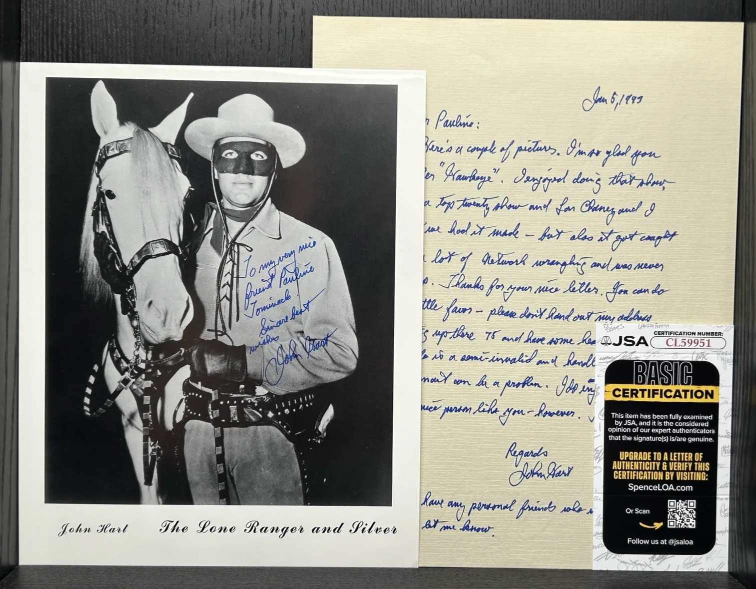 John Hart — JOHN HART SIGNED PHOTO & LETTER Original Autograph JSA COA Lone Ranger & Silver