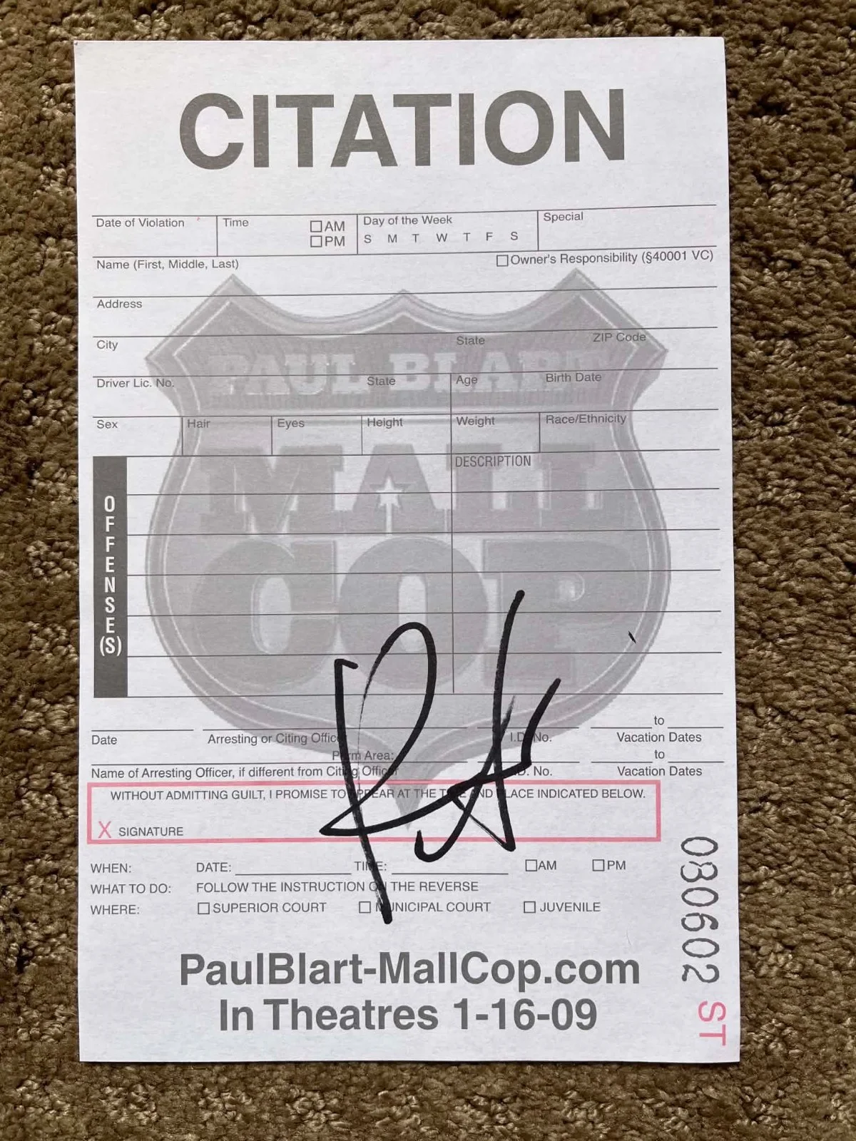 Kevin James — KEVIN JAMES SIGNED PAUL BLART MALL COP MOVIE PROMO CITIATION AUTOGRAPH RARE
