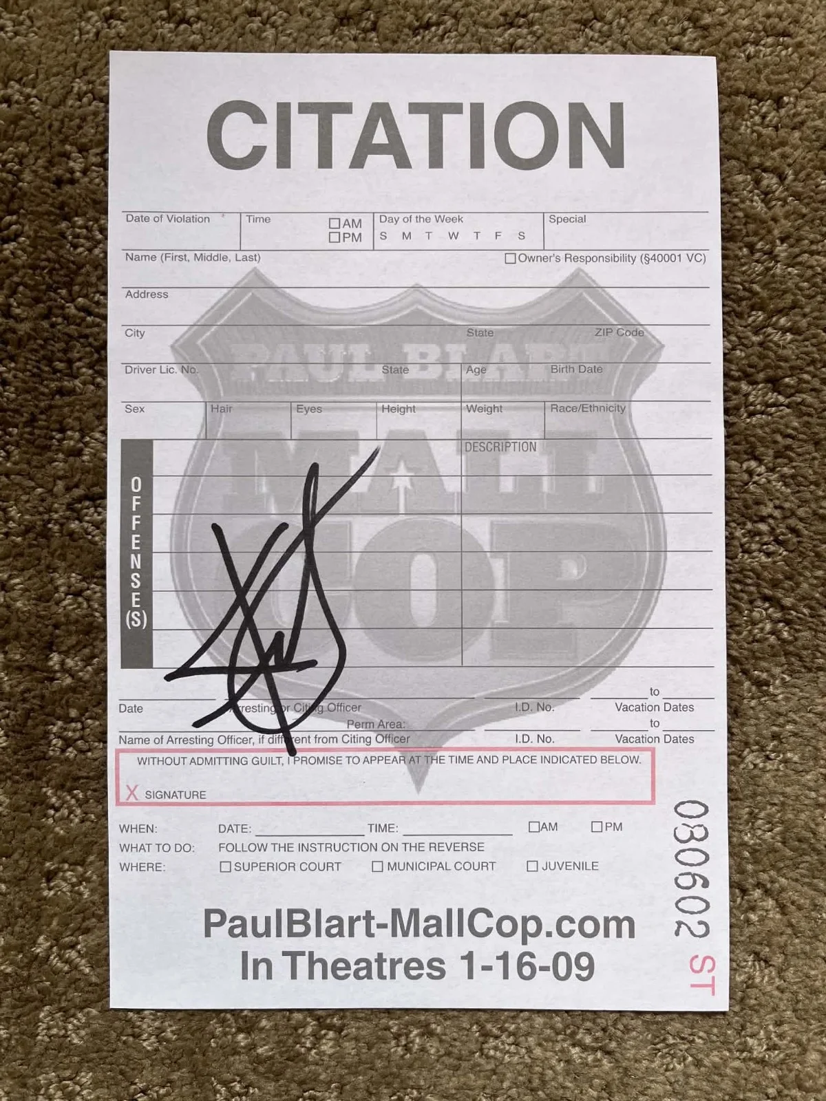 Kevin James — KEVIN JAMES SIGNED PAUL BLART MALL COP MOVIE PROMO CITIATION AUTOGRAPH RARE