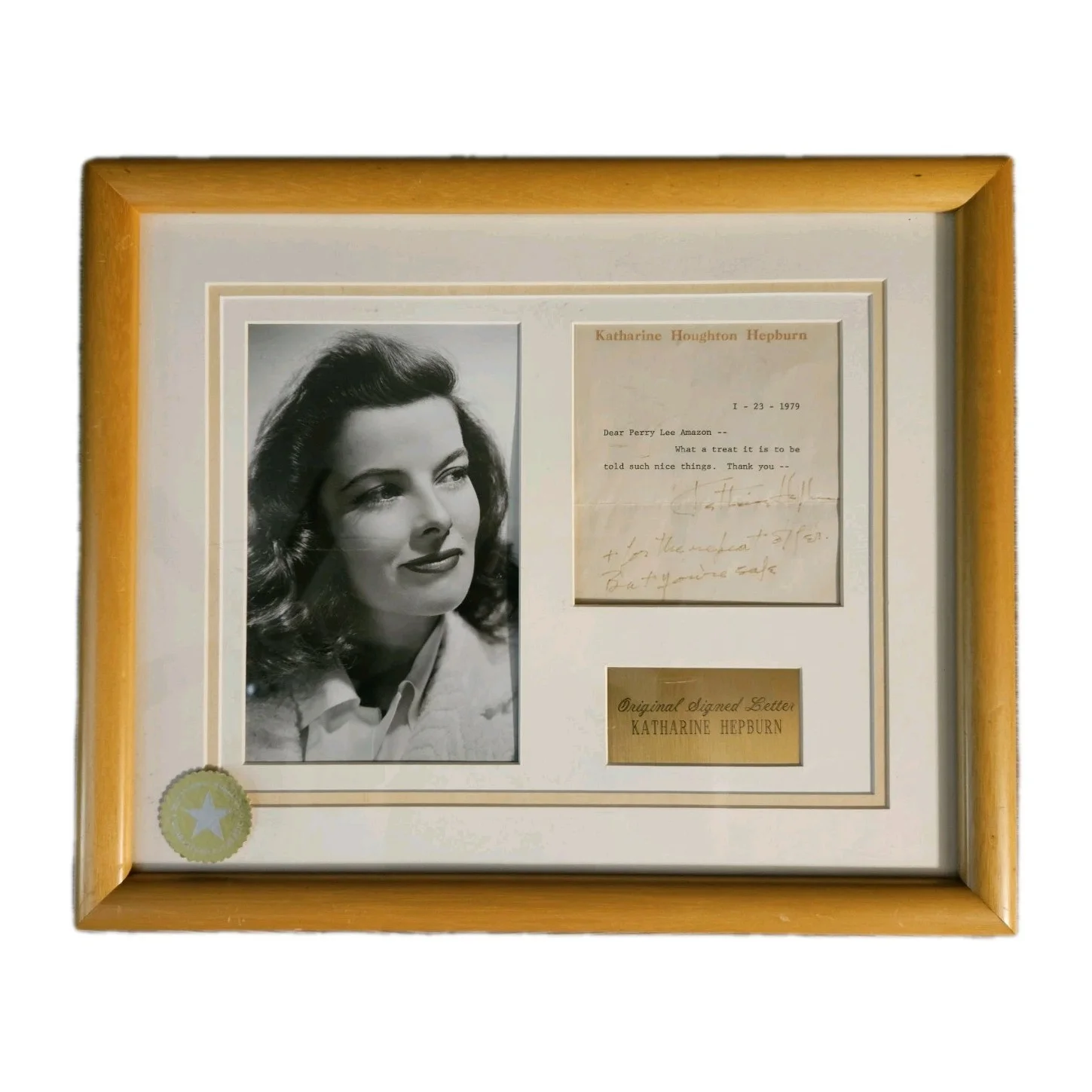 Katharine Hepburn — Framed Katharine Hepburn Signed Letter 1979 Disney Guarantee Of Authenticity