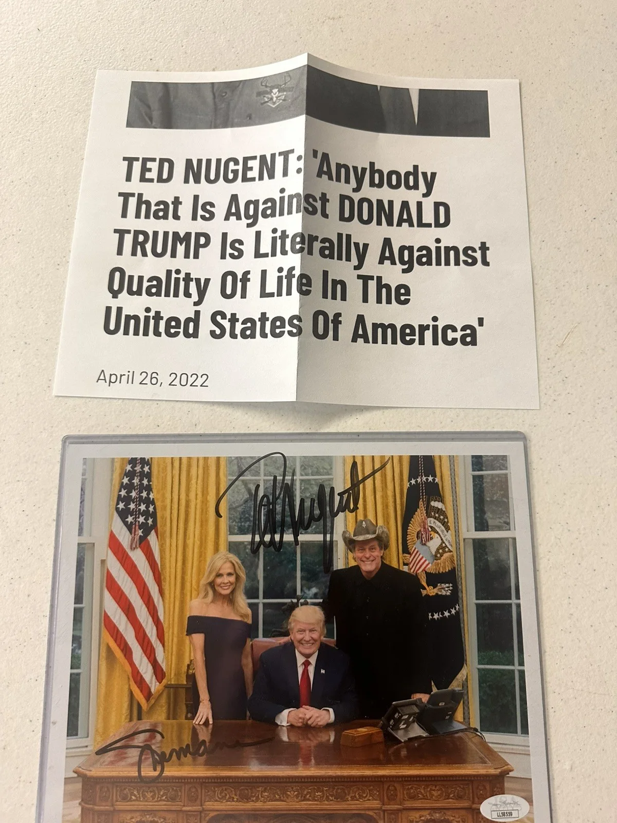 TED NUGENT & SHEMANE Signed Autograph 8x10 Photo JSA w/ DONALD TRUMP OVAL OFFICE, изображение 5