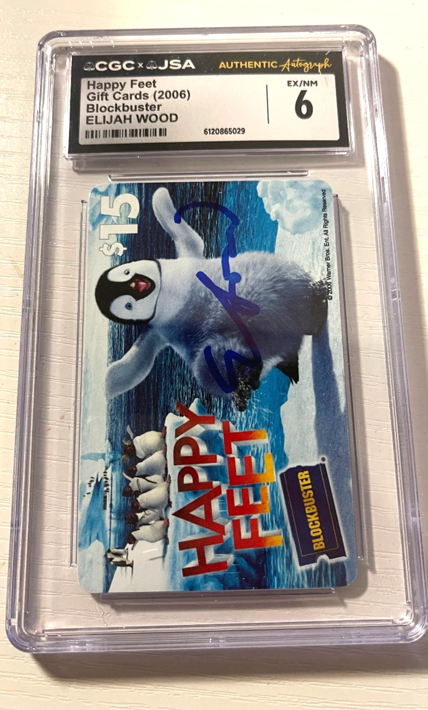 Elijah Wood — Elijah Wood IP Auto Blockbuster(no value) Happy Feet Gift card JSA/CGC Certified