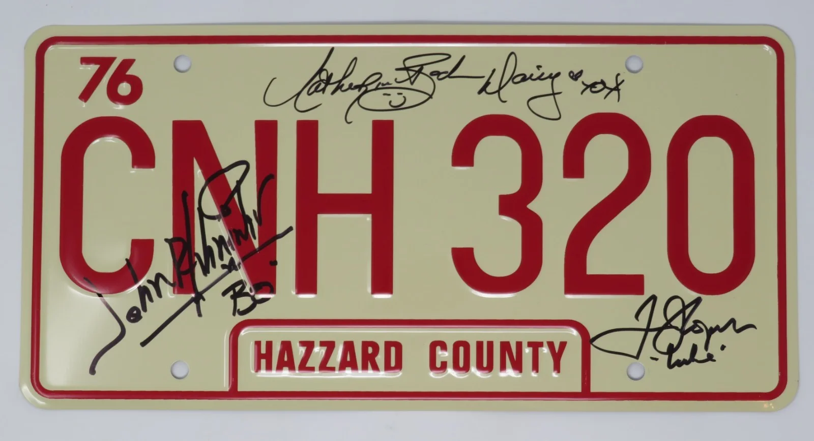 John Schneider, Tom Wopat, Catherine Bach — THE DUKES OF HAZZARD Signed Autograph "General Lee" Metal License Plate by 3 JSA