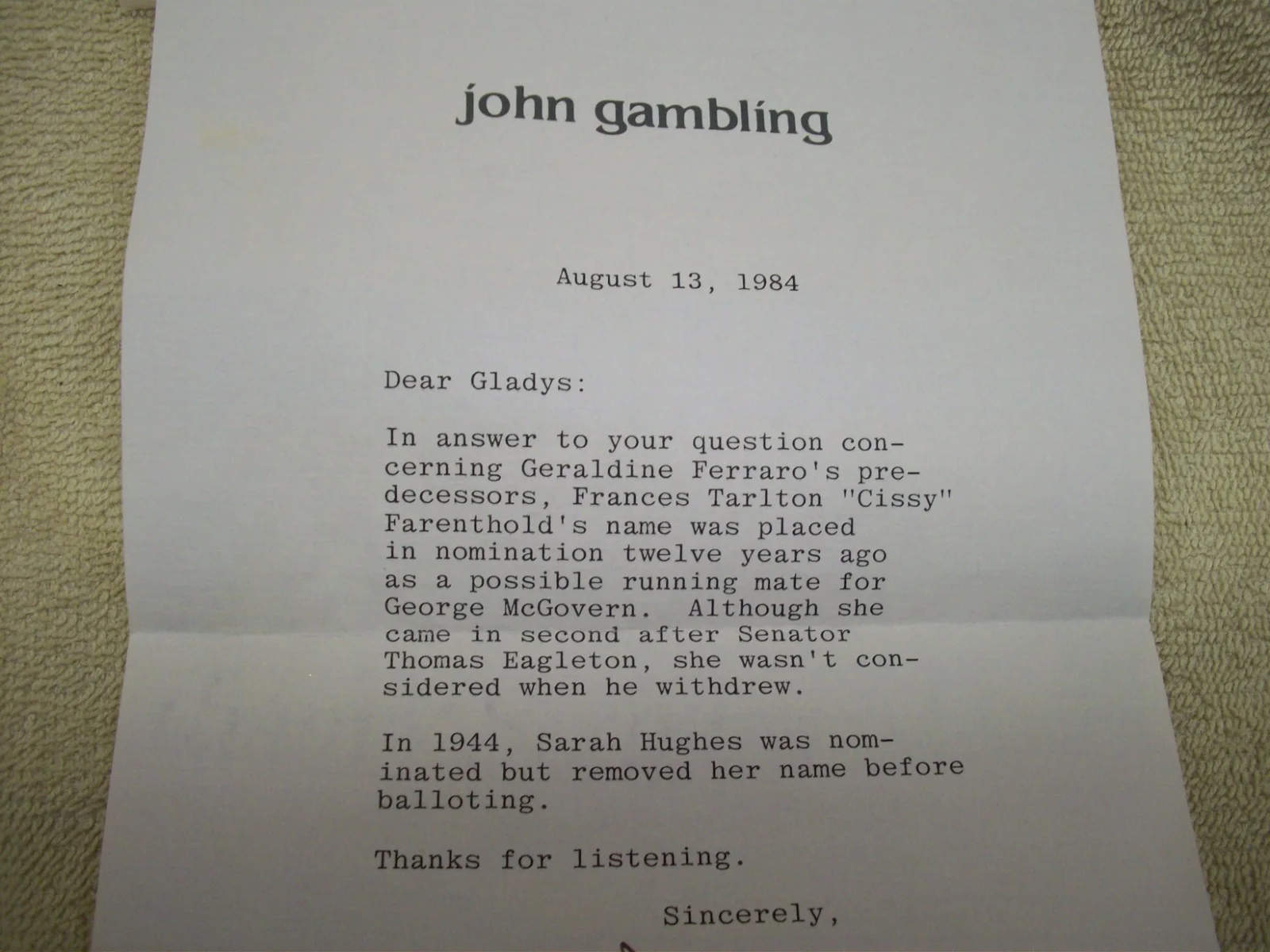 Vintage John Gambling Signed Letter WOR Radio Host 1984, изображение 2