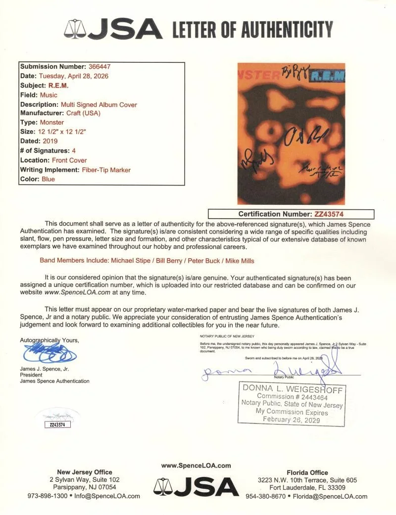 Bill Berry, Peter Buck, Mike Mills, Michael Stipe — R.E.M. Band Signed Autograph Album Record Michael Stipe Bill Peter Mike JSA COA, image 3