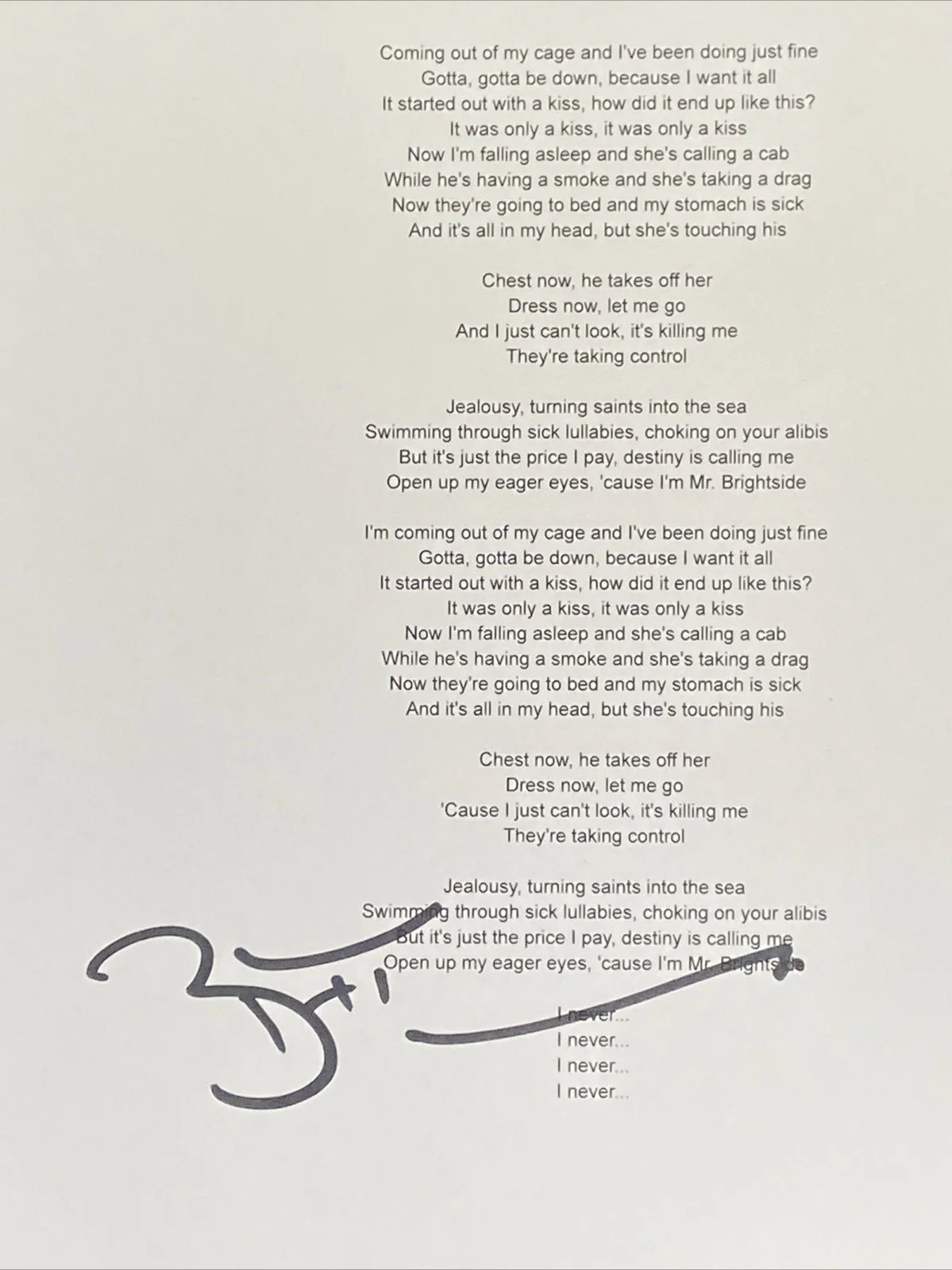 Brandon Flowers Autographed ‘Mr. Brightside’ Lyric Sheet The Killers Frontman, image 2