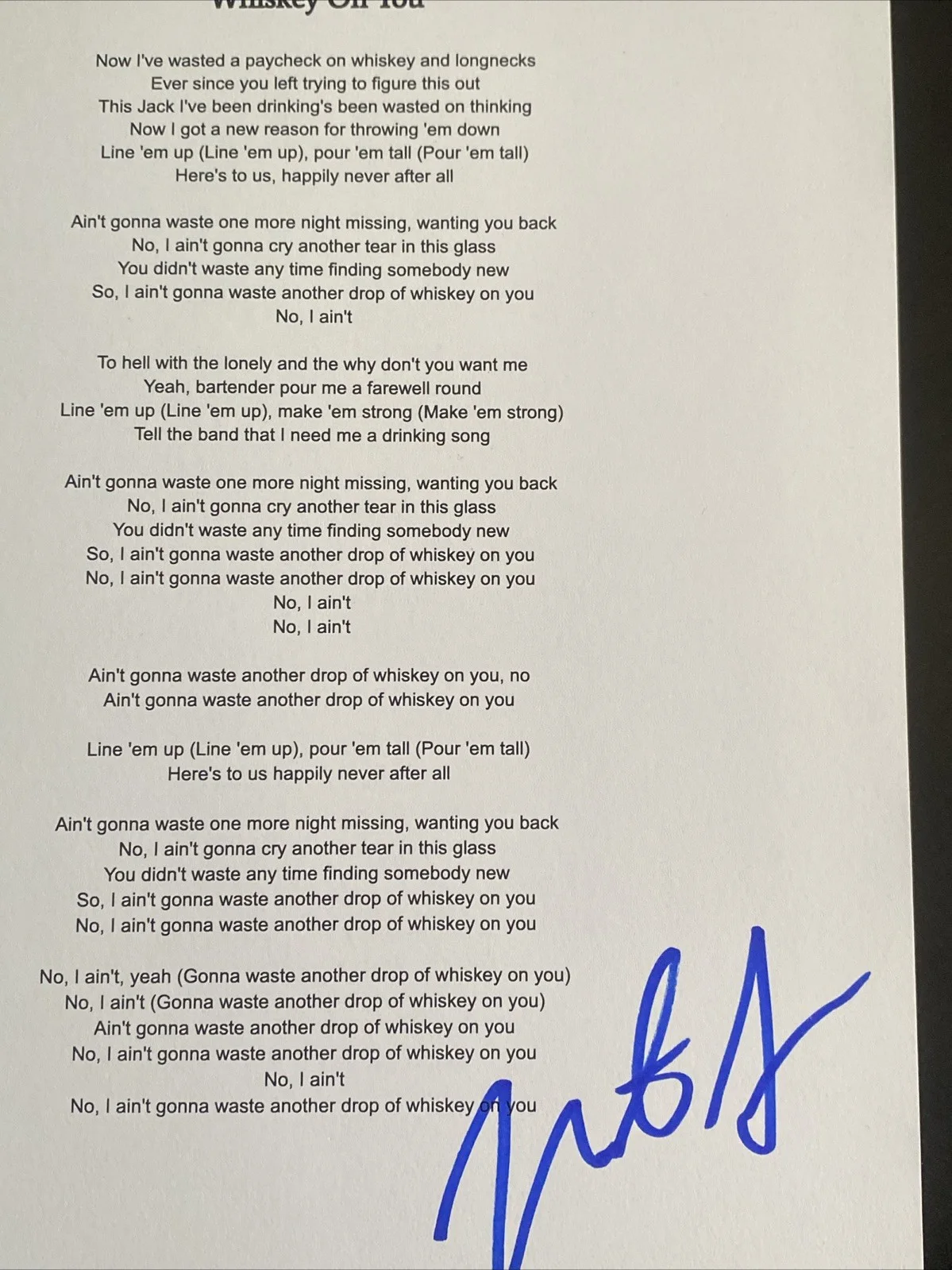 Nate Smith Autographed ‘Whiskey On You’ Lyric Sheet Country Singer, изображение 2