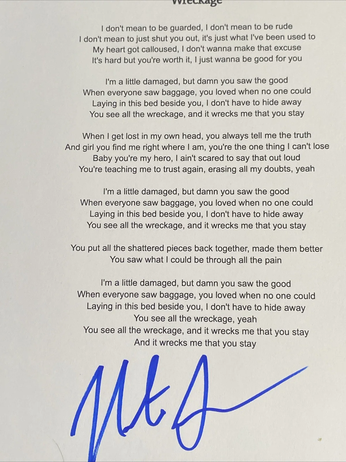 Nate Smith Autographed ‘Wreckage’ Lyric Sheet Country Singer, image 2