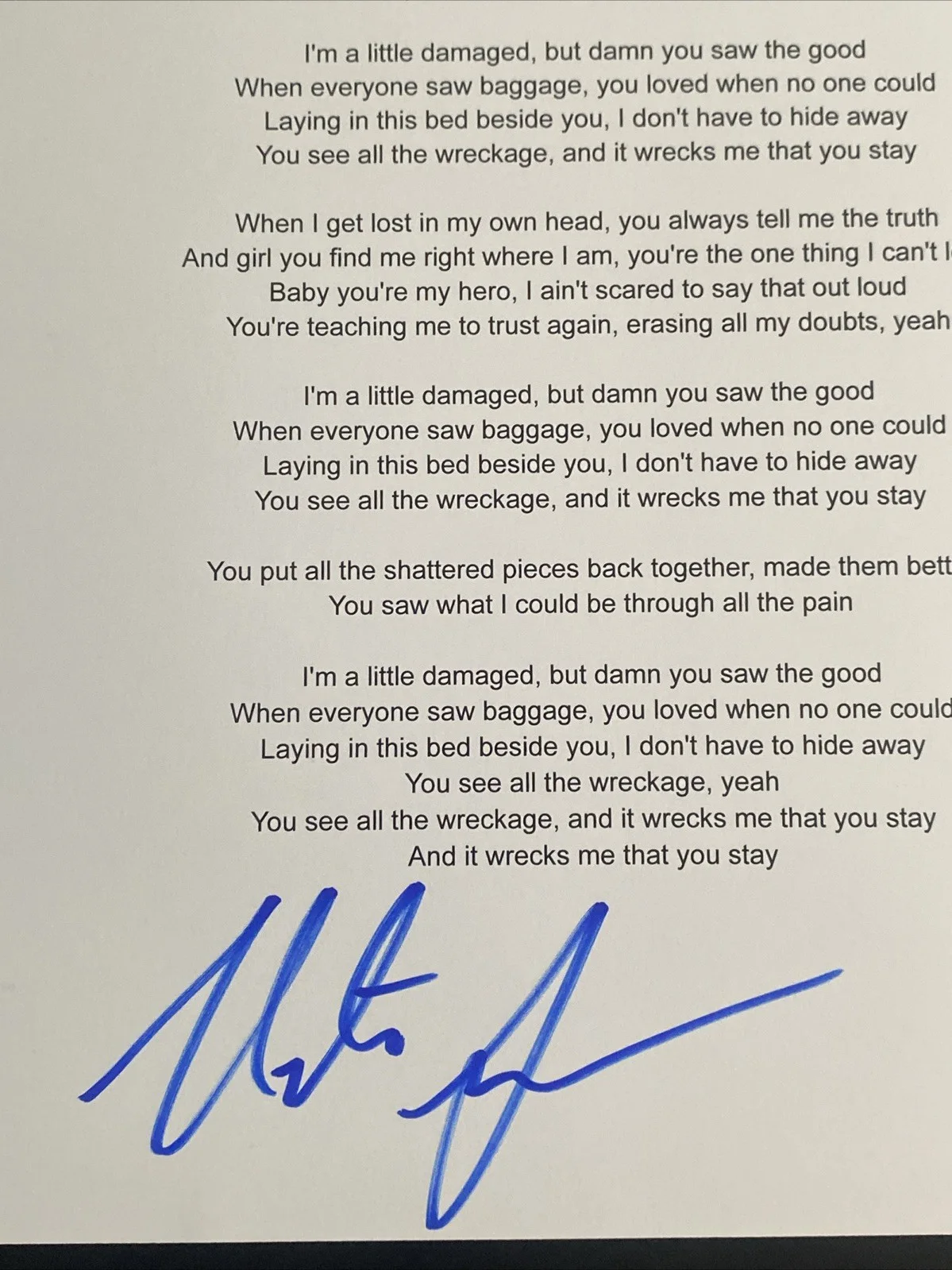 Nate Smith Autographed ‘Wreckage’ Lyric Sheet Country Singer, image 2