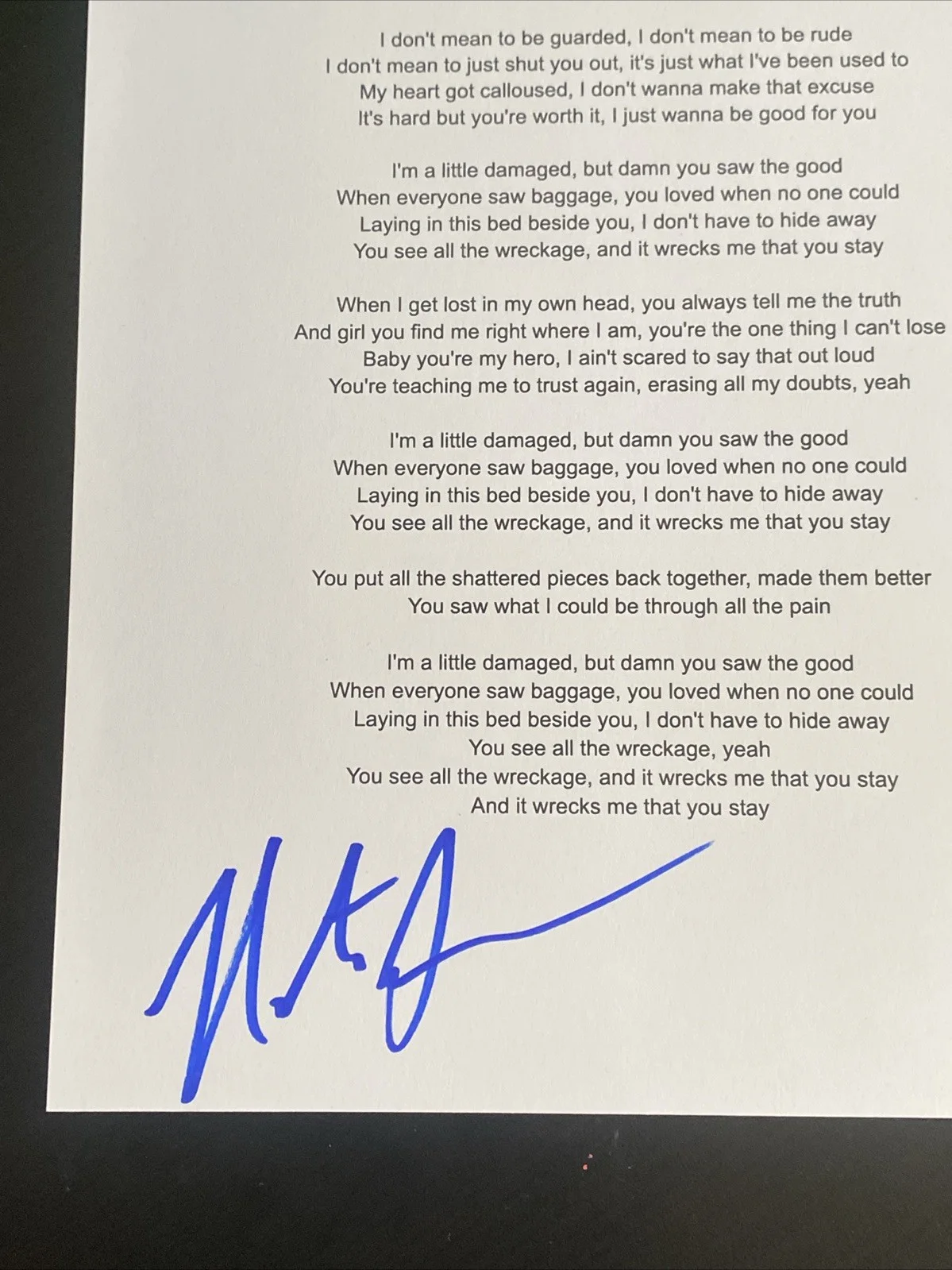 Nate Smith Autographed ‘Wreckage’ Lyric Sheet Country Singer, image 2
