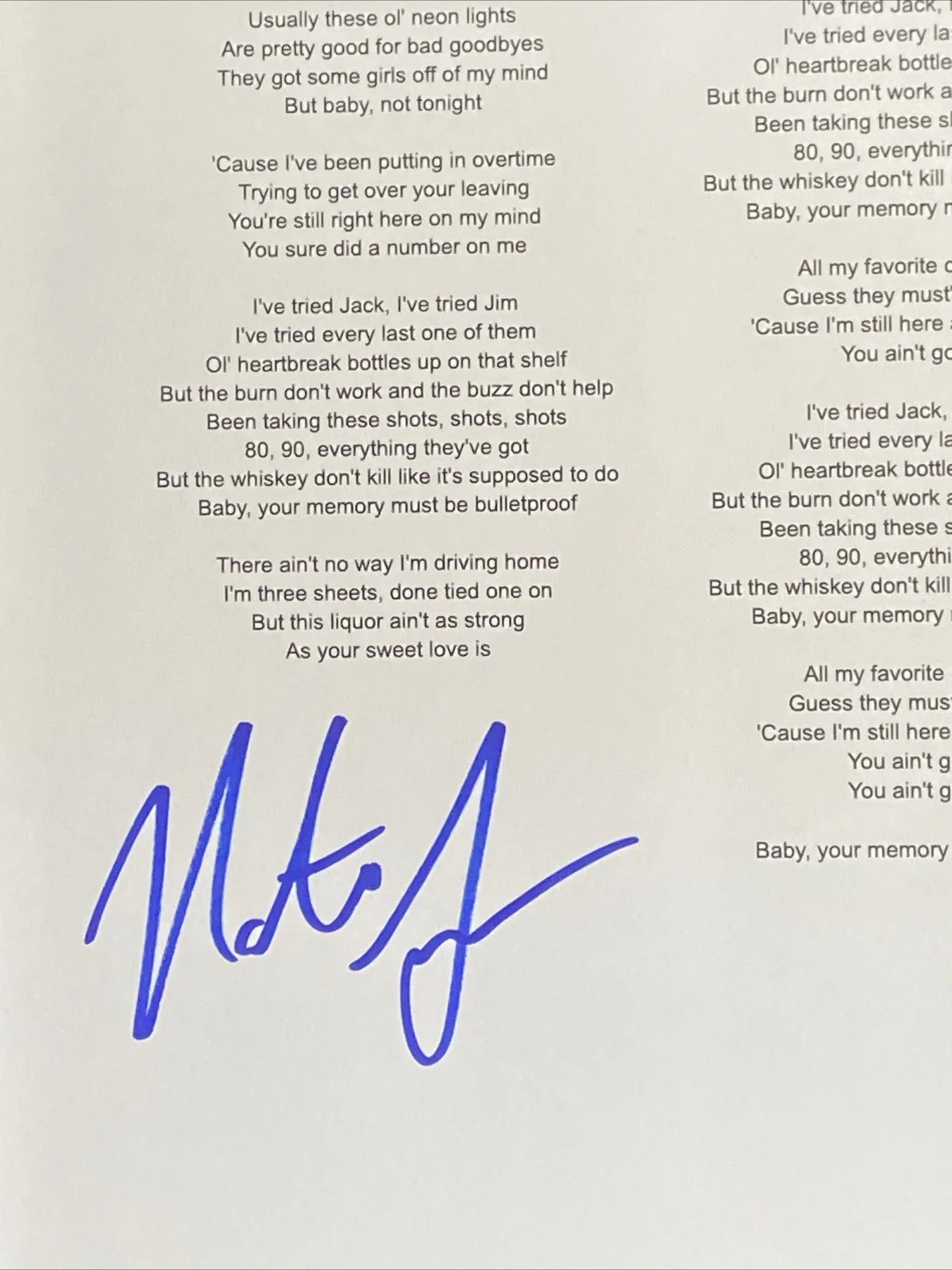 Nate Smith Autographed 'Bulletproof’ Lyric Sheet Country Singer, image 2