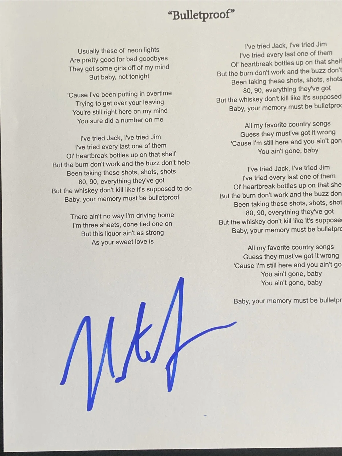 Nate Smith Autographed 'Bulletproof’ Lyric Sheet Country Singer, image 2