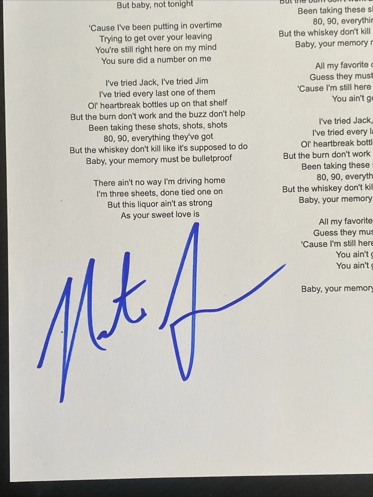 Nate Smith Autographed 'Bulletproof’ Lyric Sheet Country Singer, image 2