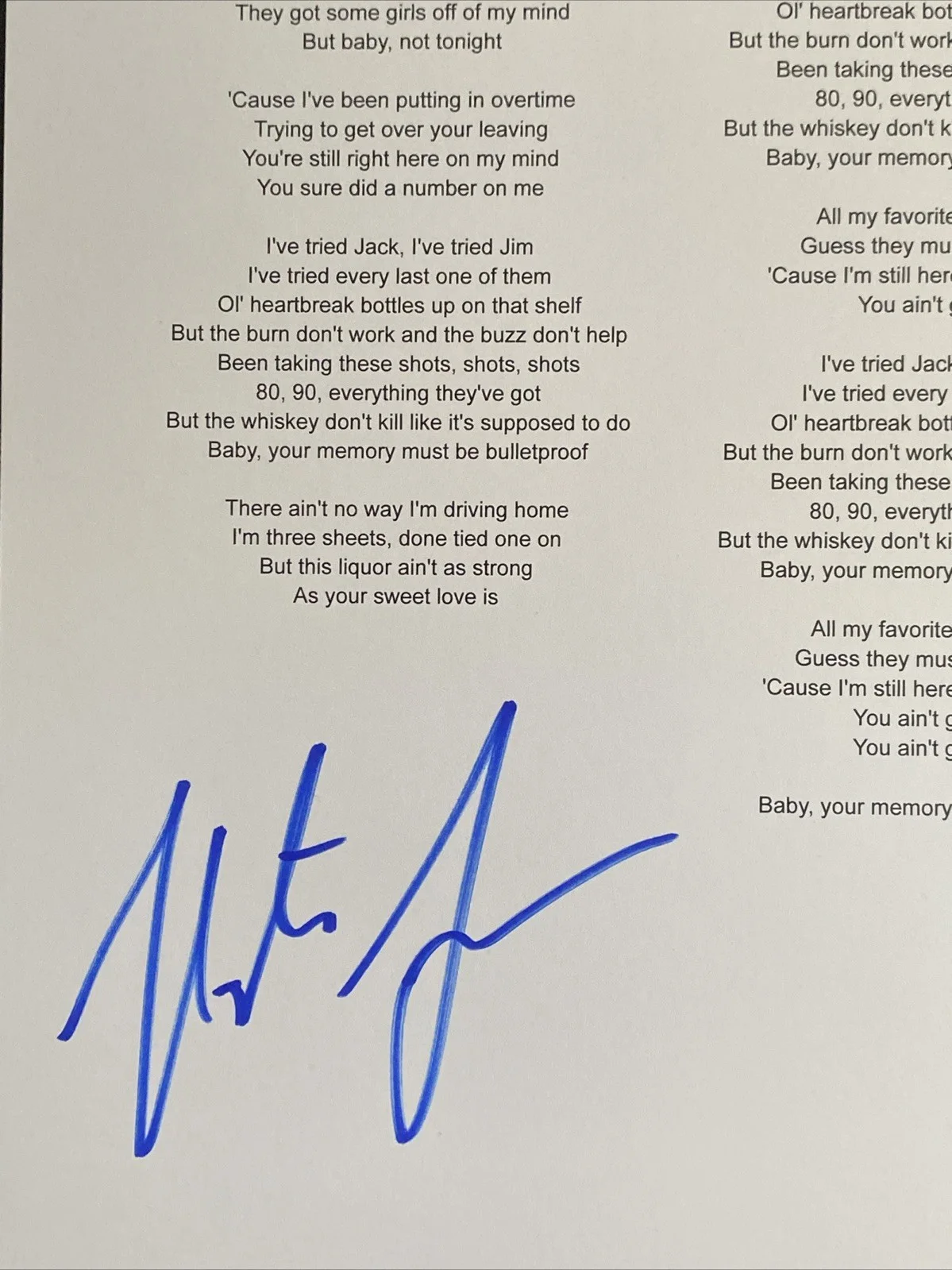 Nate Smith Autographed 'Bulletproof’ Lyric Sheet Country Singer, image 2