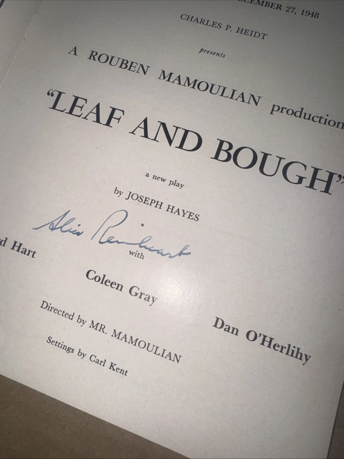 Dan O’Herlihy & Alice Reinhardt Autograph Signed Plymouth Theatre Playbill, изображение 3