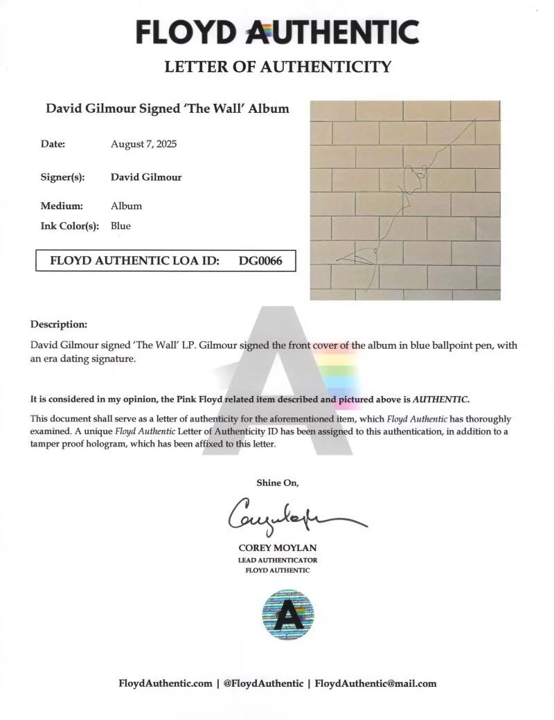 David Gilmour — David Gilmour Signed Autograph Pink Floyd The Wall Album Vinyl Record BAS COA, изображение 5