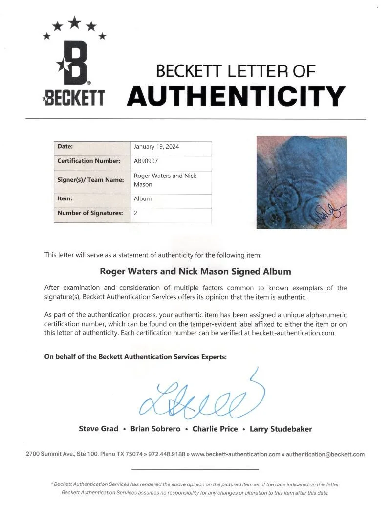 Nick Mason, Roger Waters — Roger Waters & Nick Mason Signed Autograph Meddle Album Vinyl Record Beckett COA, image 4