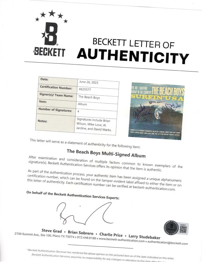 Al Jardine, Mike Love, David Marks, Brian Wilson — Beach Boys Signed Autograph Surfin USA Album Record Brian Wilson +3 Beckett COA, изображение 3