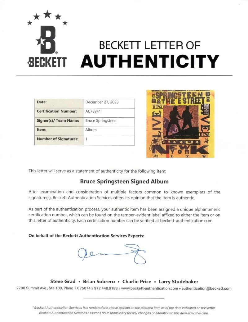 Bruce Springsteen — Bruce Springsteen Signed Autograph Live New York City Album Record Beckett COA, изображение 4