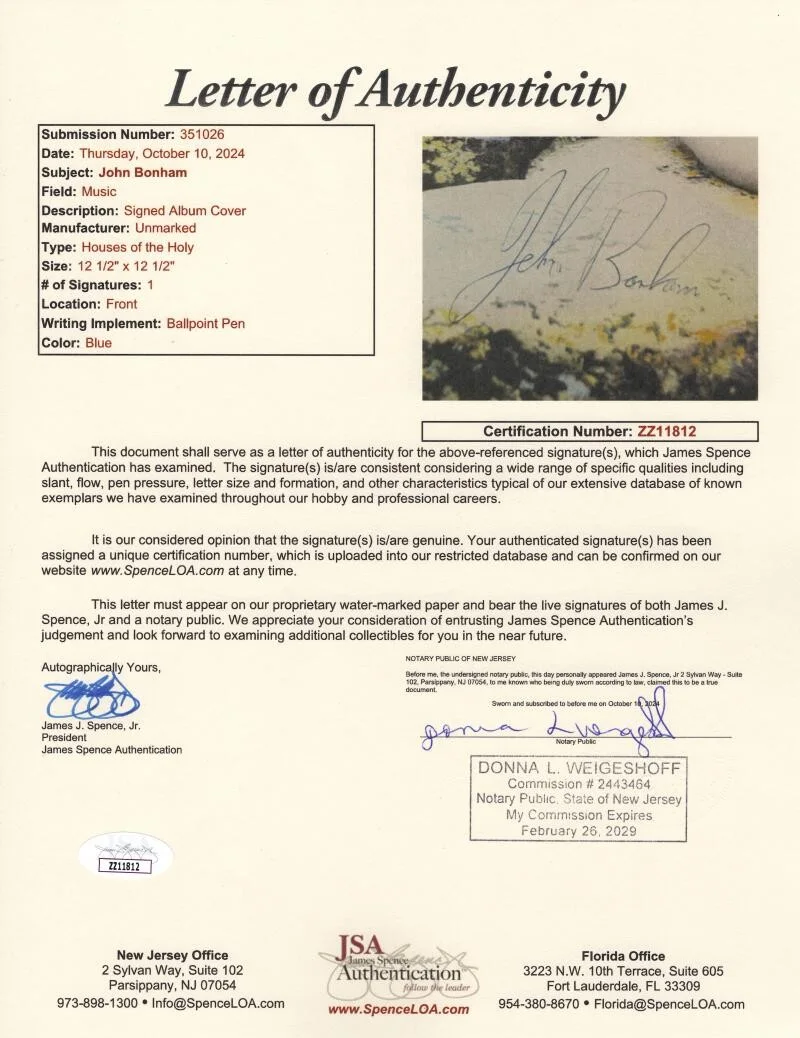 John Bonham — John Bonham Led Zeppelin Signed Autograph Album Vinyl Record LP w/ JSA COA, изображение 4