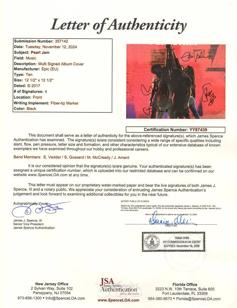 Jeff Ament, Stone Gossard, Mike McCready, Eddie Vedder — Pearl Jam Band Signed Autograph Ten Album Vinyl Record - Eddie Vedder +3 JSA COA, image 3