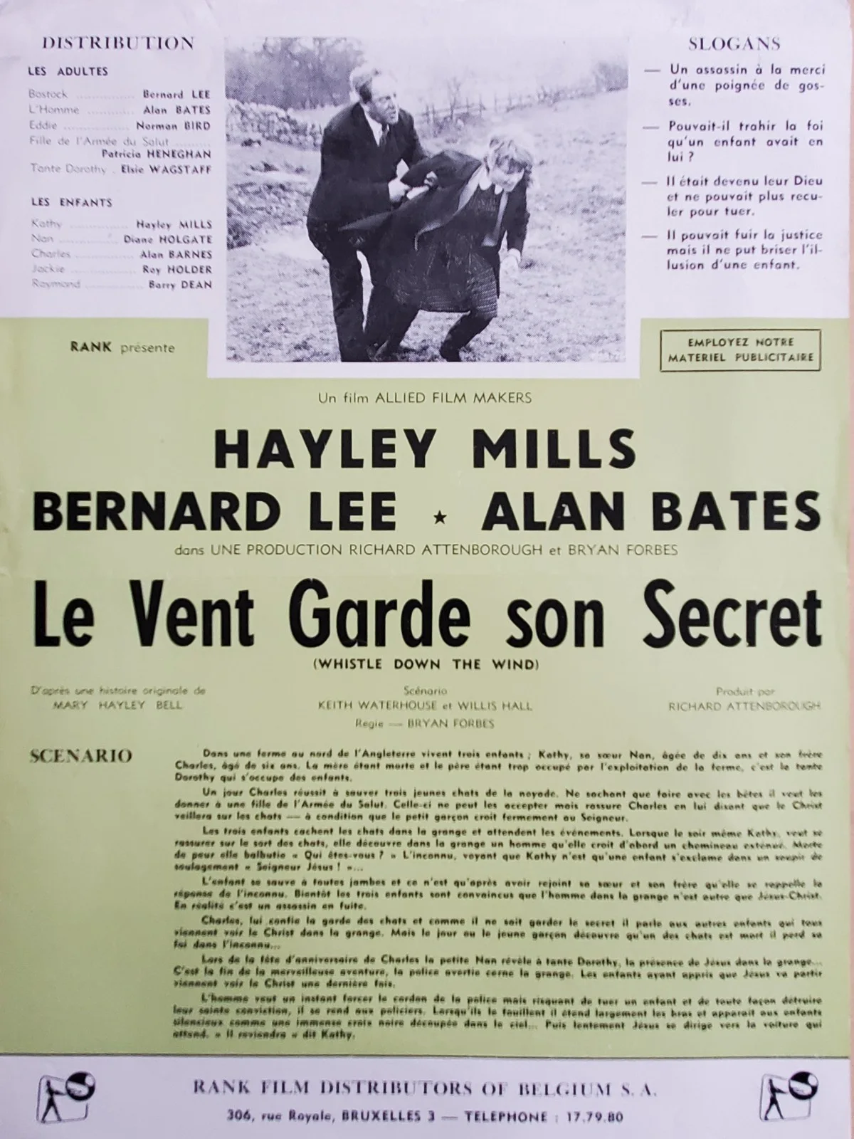 HAYLEY MILLS - VINTAGE 1961 BELGIAN PRESS INFO SHEET - WHISTLE DOWN THE WIND, image 2