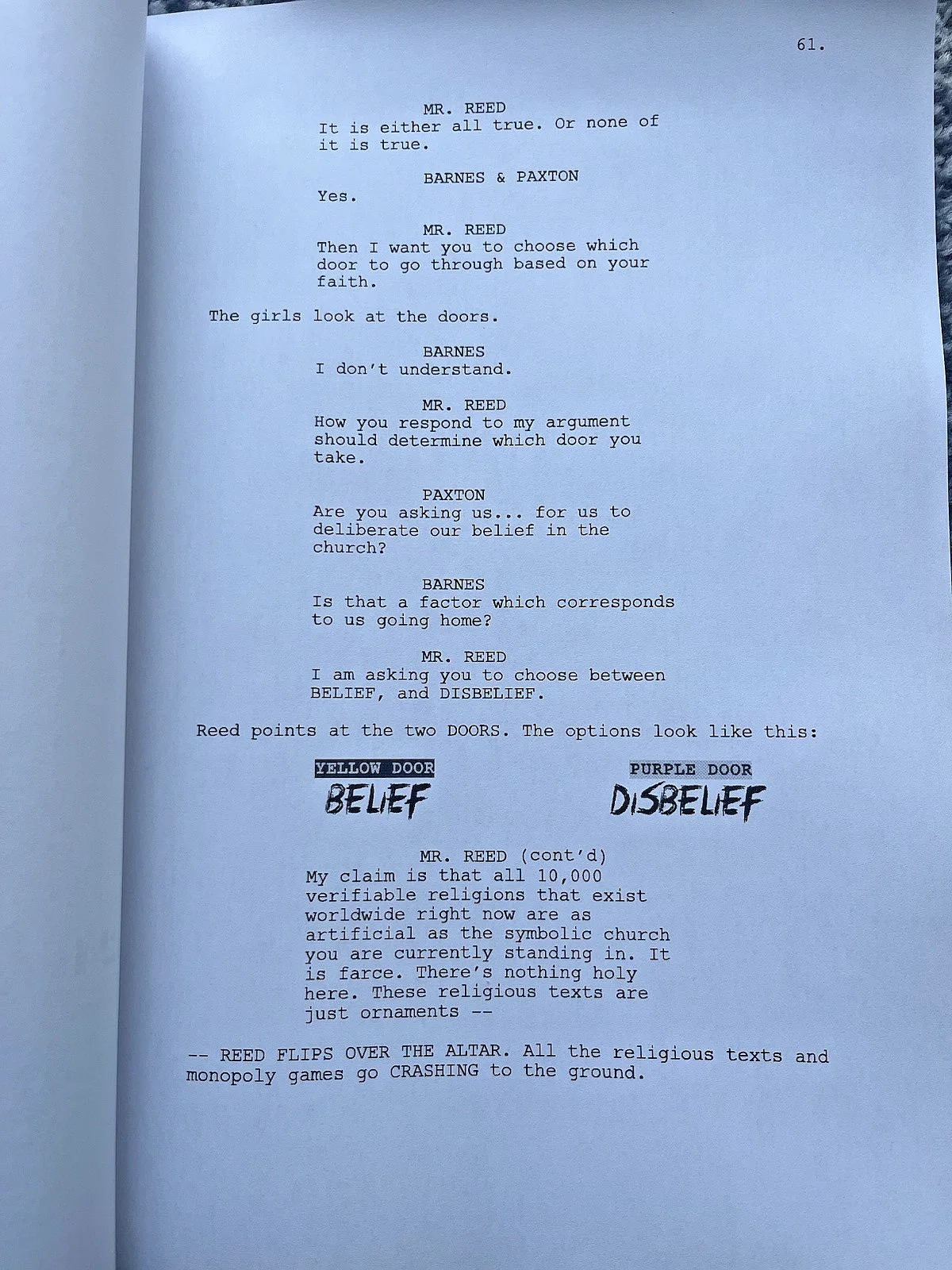 Heretic Film Screenplay / Script. Hugh Grant, Chloe East, Sophie Thatcher., image 2