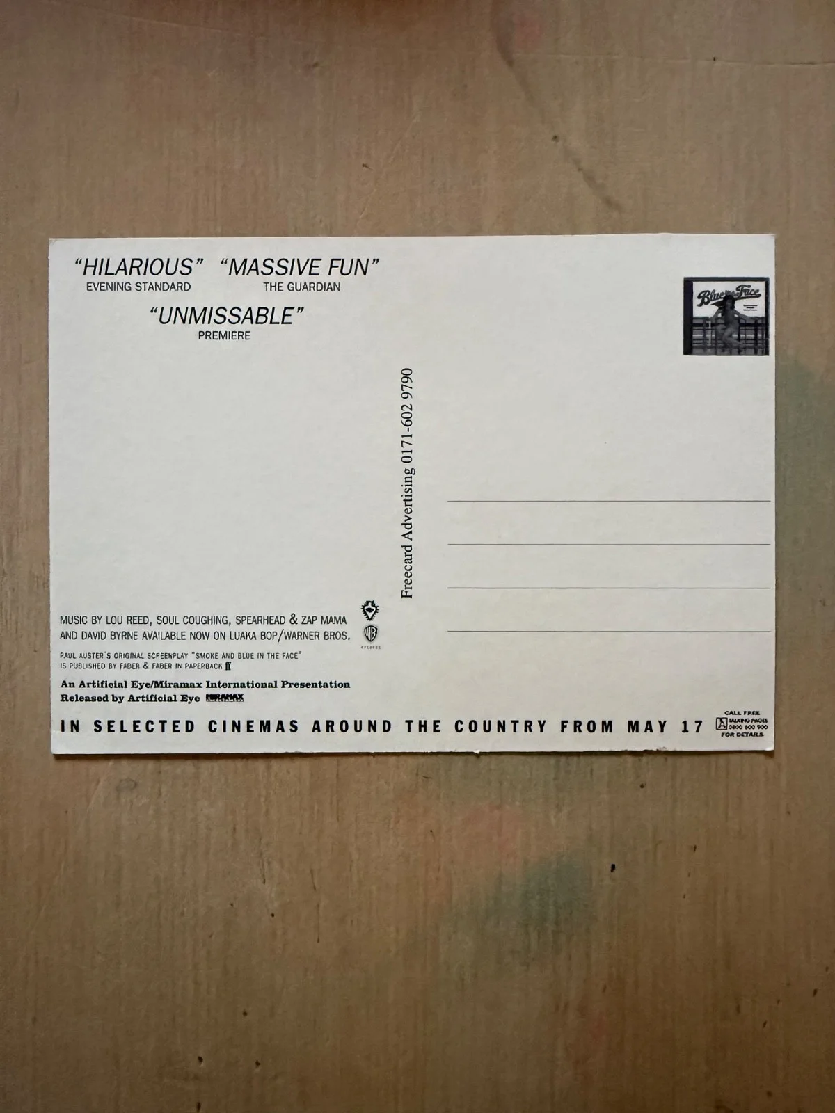 Original Promotional Postcard for the film 'Blue In The Face', изображение 2