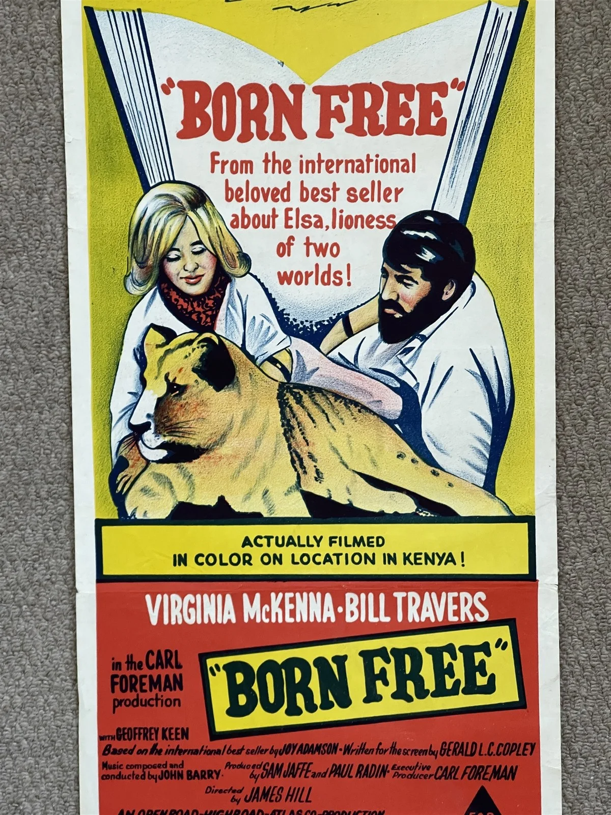 Vintage BORN FREE 1966 CINEMA DAYBILL FILM MOVIE POSTER Virginia McKenna, изображение 3