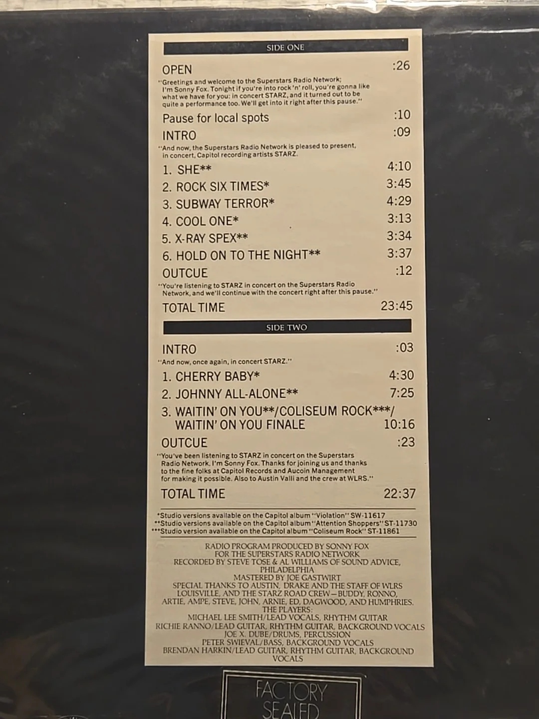 Starz - Live At Municipal Auditorium, Louisville, March 30, 1978 LP, изображение 3