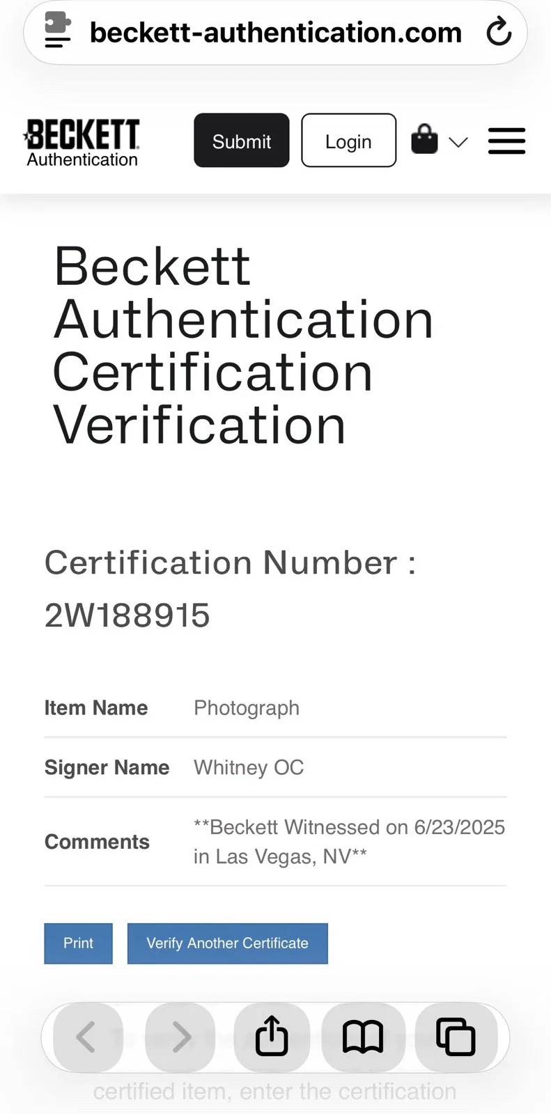 Whitney OC — Whitney OC Original Autographed Photo Beckett Witnessed Authentication, image 2