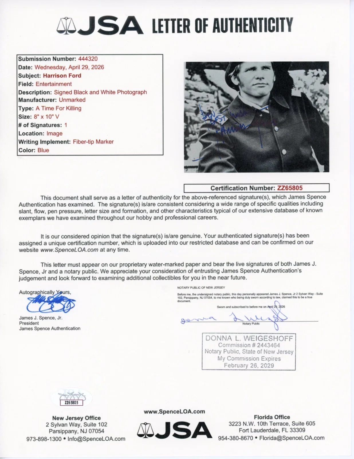 Harrison Ford — Vintage Harrison Ford Signed Photo 8x10 A Time For Killing LOA JSA#ZZ65805, image 2
