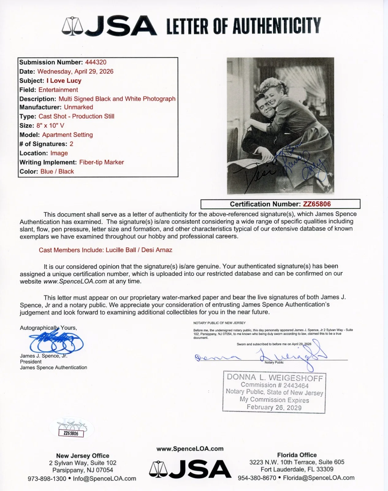 LUCILLE BALL DESI ARNAZ — LUCILLE BALL & DESI ARNAZ signed vintage 8x10 photo "I LOVE LUCY" JSA LOA, изображение 2