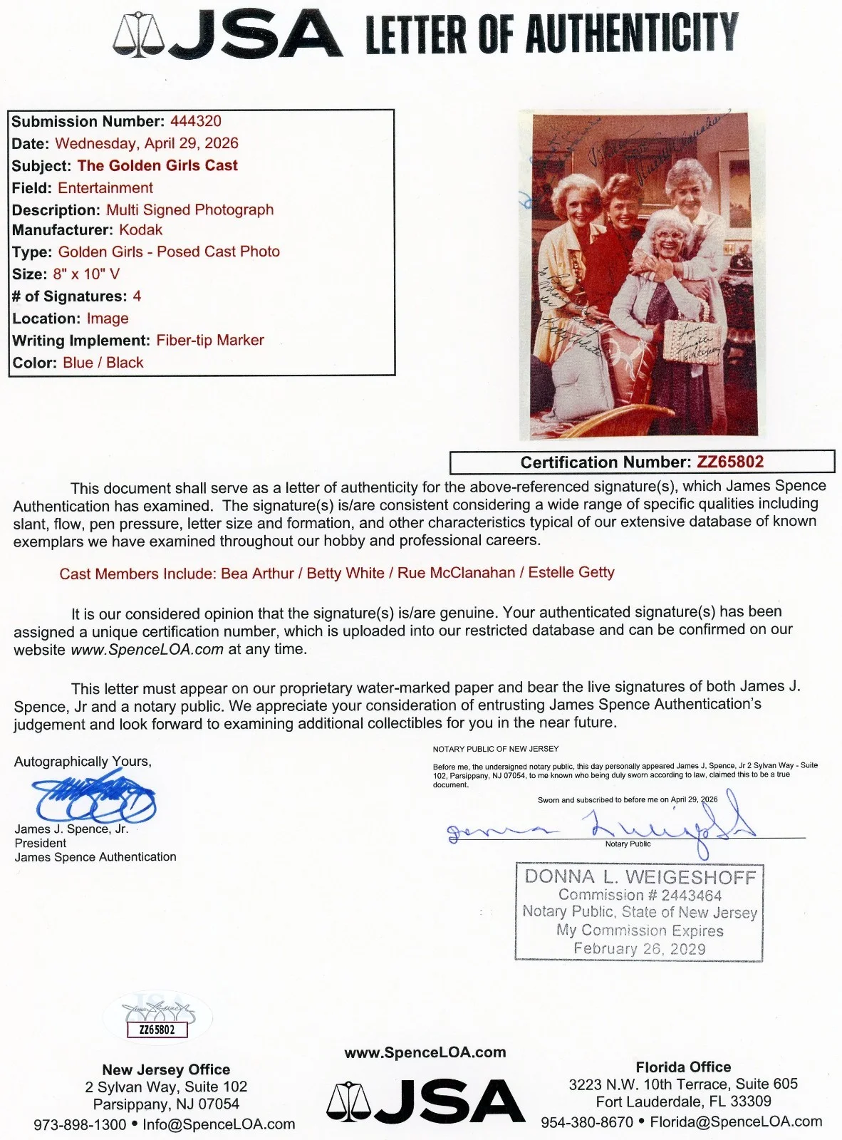 Bea Arthur, Betty White, Rue McClanahan, Estelle Getty — The Golden Girls Authentic Cast Signed 8x10 Photo Signed All 4 LOA JSA#ZZ65802, изображение 2