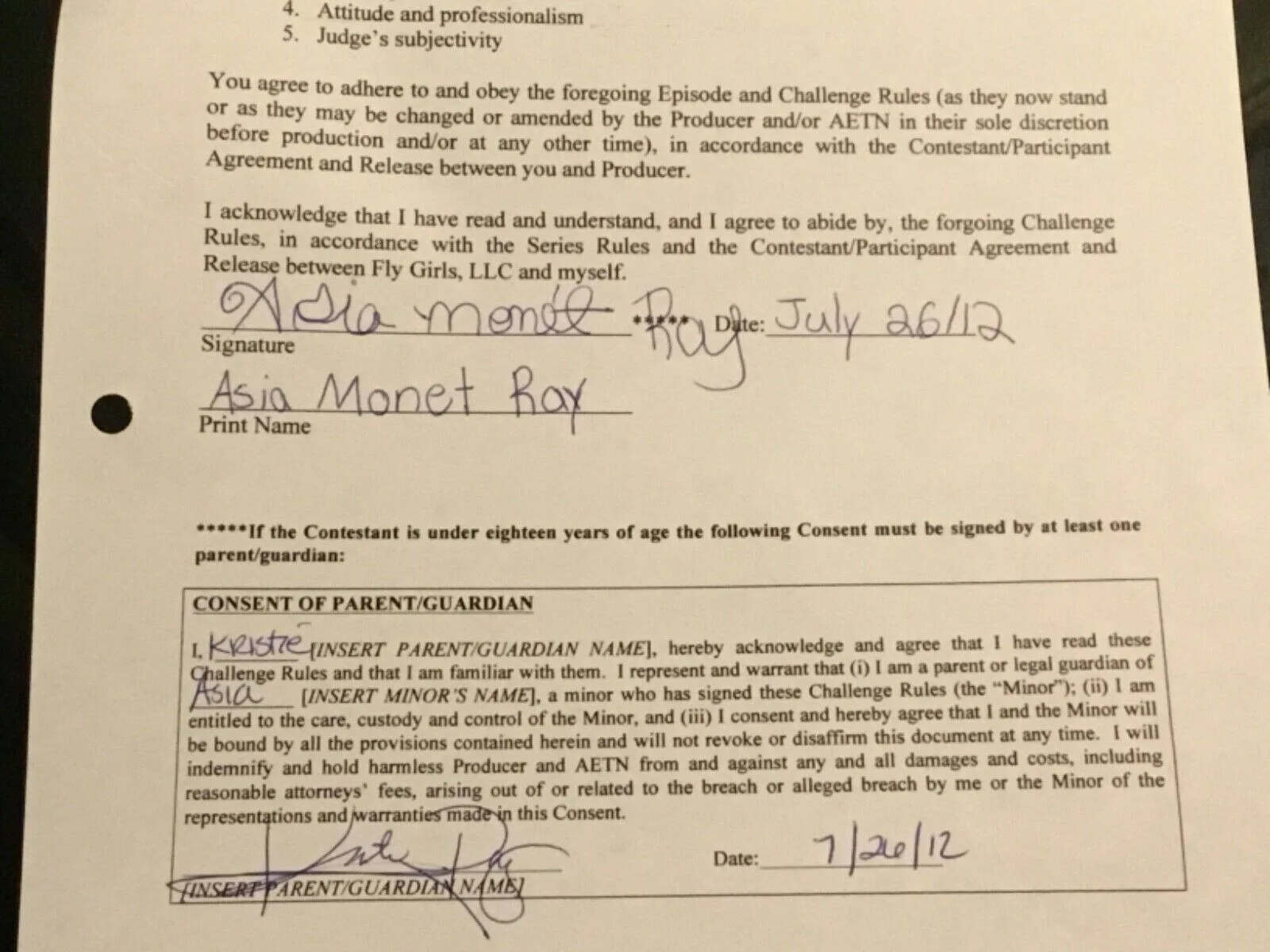 Asia Monet — DANCE MOMS Signed SHOW CONTRACT Asia Monet Ray Autograph Early ORIGINAL Auto, image 3
