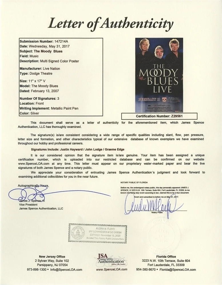 Moody Blues 2007 concert tour signed x3 autographed GIG poster JSA authenticity, image 2