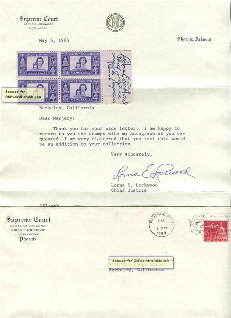 Lorna E. Lockwood, Arizona State — LORNA E. LOCKWOOD SUPREME COURT JUSTICE SIGNED STAMPS 1965 Stamp, Letter ARIZONA, изображение 3