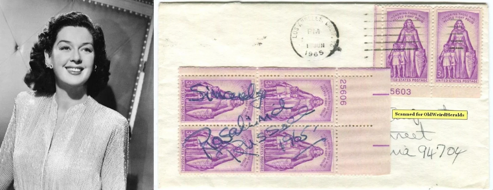 Rosalind Russell — ROSALIND RUSSELL Actress SIGNED U.S POSTAGE STAMPS 1965 Sister Kenny POLIO STAMP